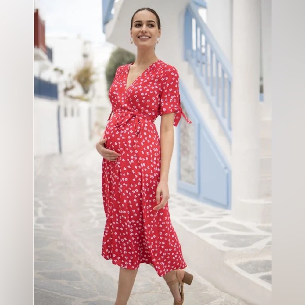 Seraphine Size 8 Red Floral Wrap Maternity Dress